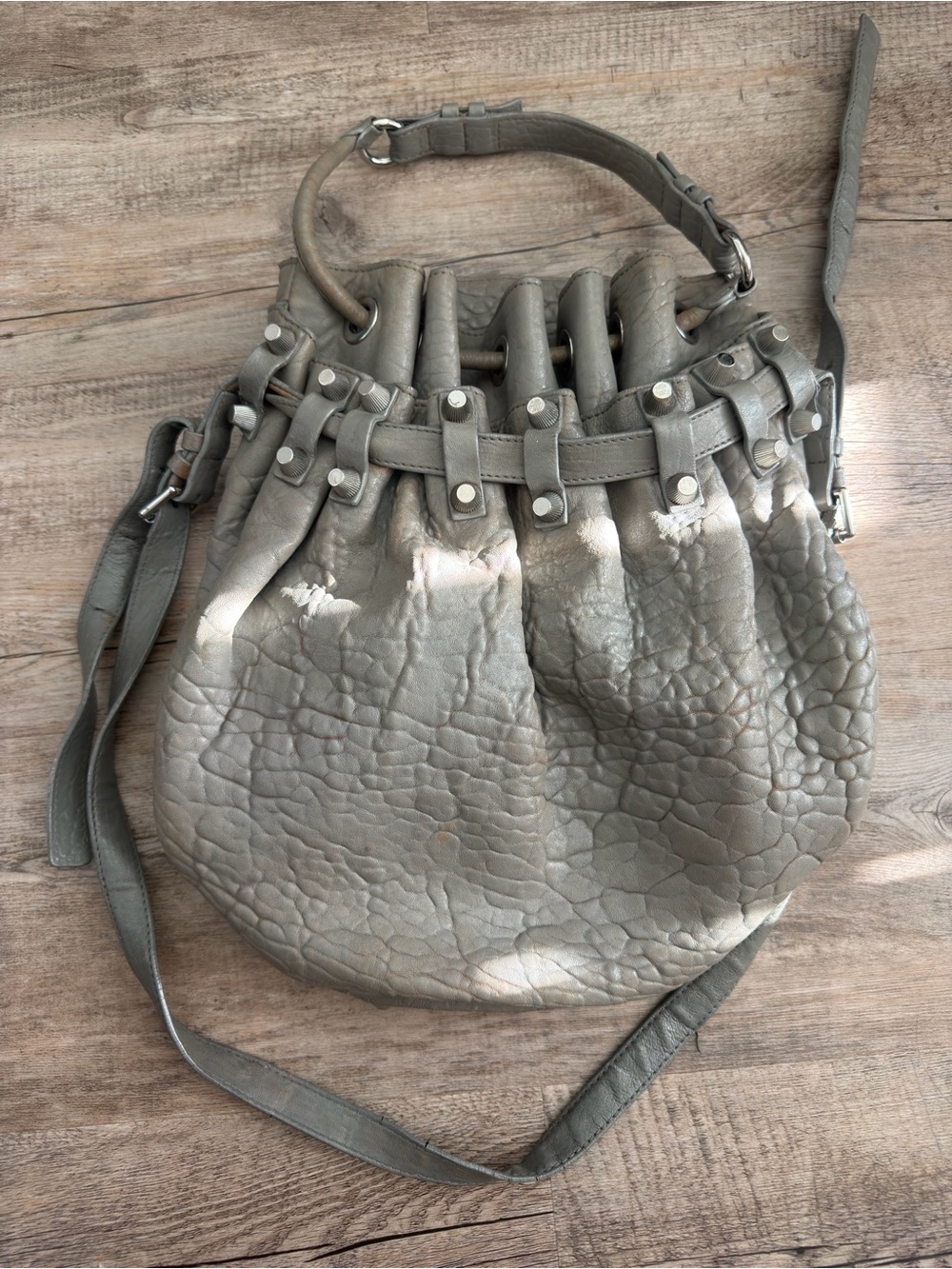 Alexander Wang Textured Gray Leather Drawstring Shoulder Bag